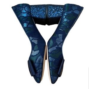 J. Crew Celia jacquard bow glitter block-heel pumps, blue green round toe